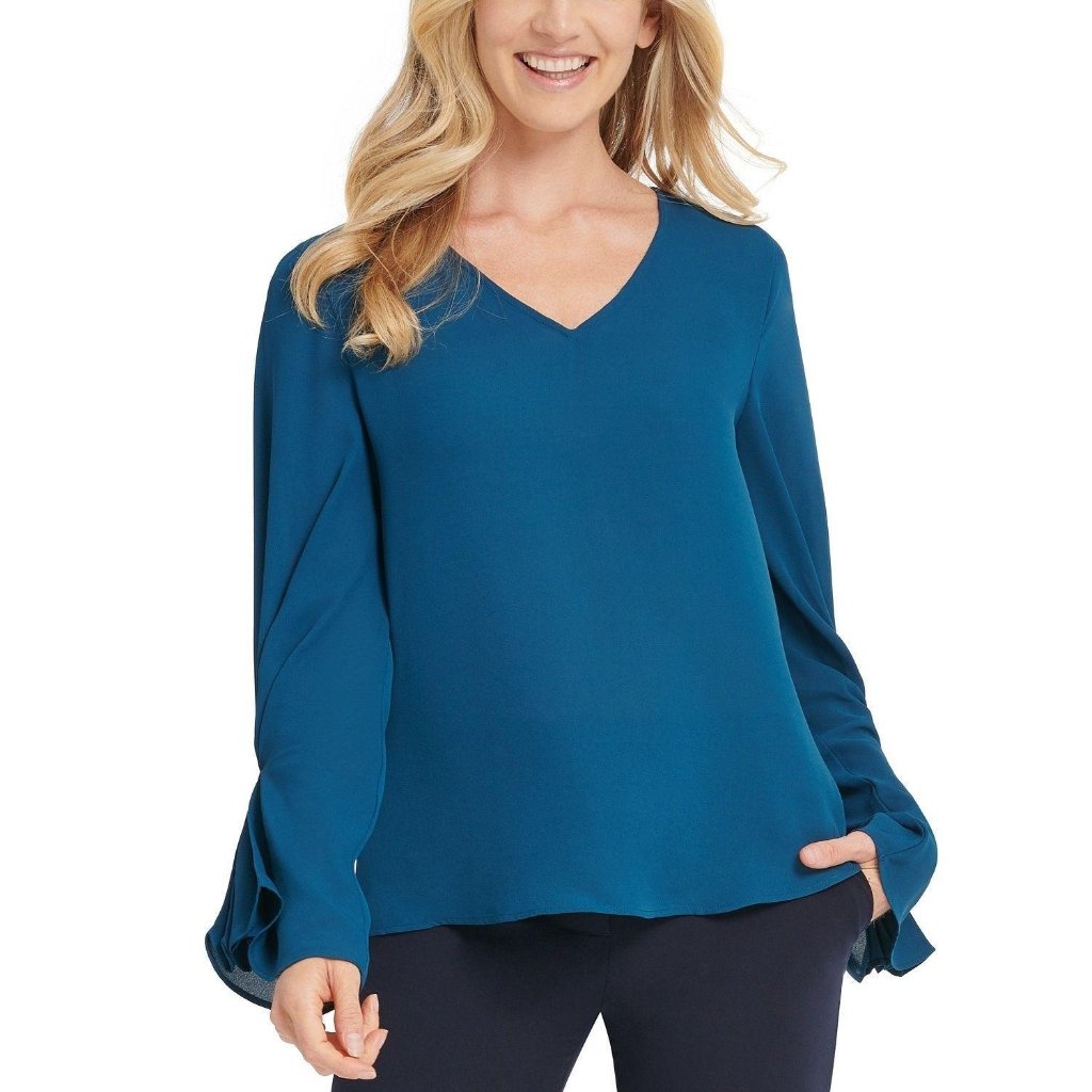 New Dkny Teal Ruffled-Cuff Top Pl Petite Large